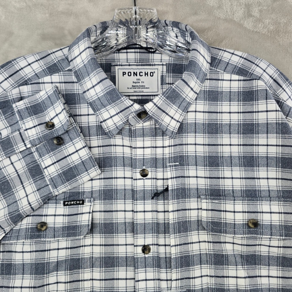 PONCHO Flannel Mens XXL Blue White Plaid Magnetic Pockets Long Sleeve Excellent